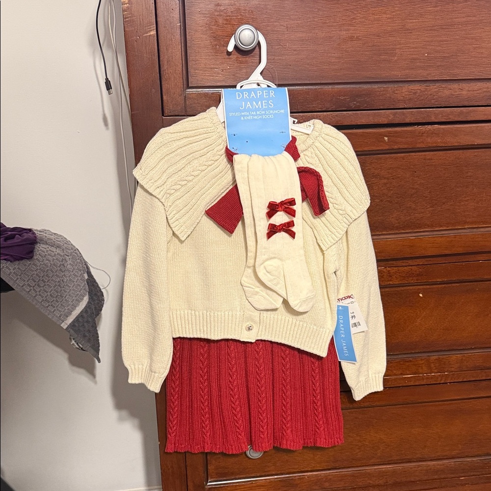 Draper James Cream Cardigan with Red Cable-Knit Dress & Bows